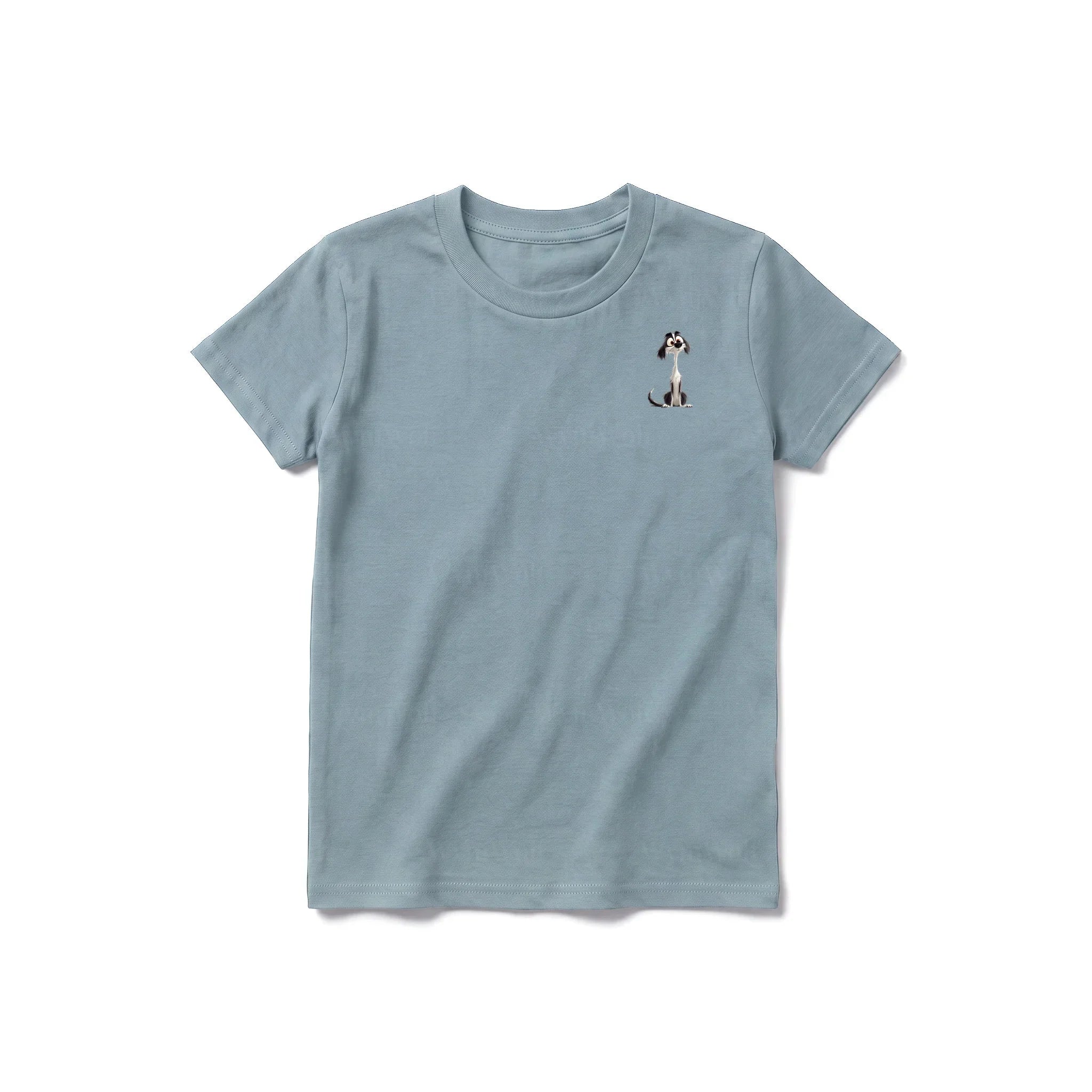 A sage short-sleeve crewneck t-shirt for youth featuring a graphic of a dog on the left chest.