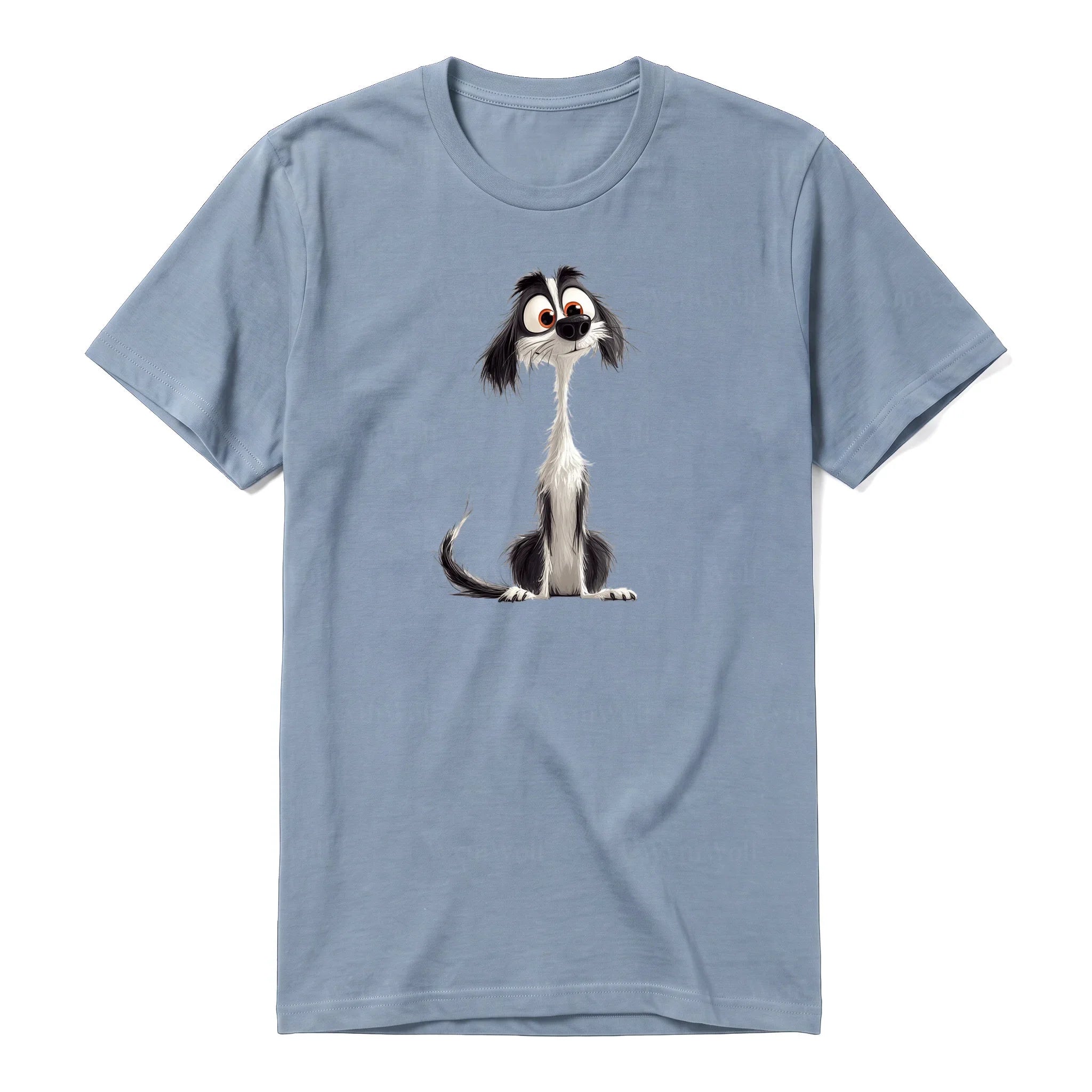 A steel-blue short-sleeve crewneck t-shirt for adult featuring a graphic of a dog on the front.