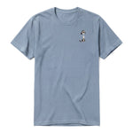 A steel-blue short-sleeve crewneck t-shirt for adult featuring a graphic of a dog on the left chest.