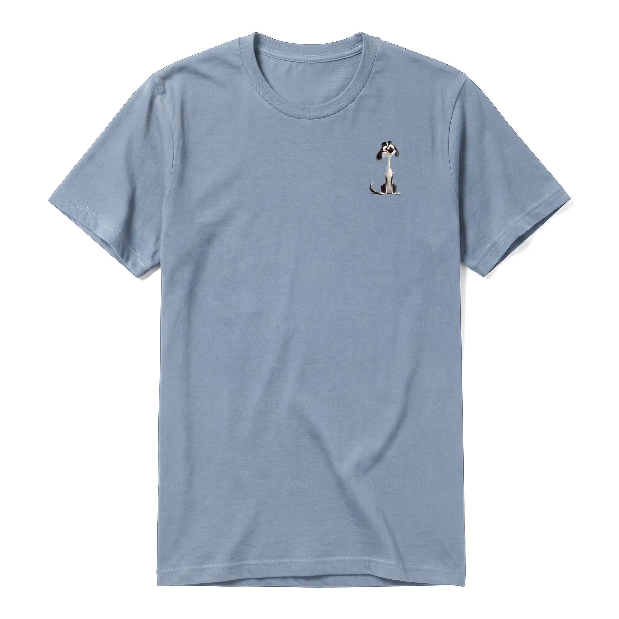 A steel-blue short-sleeve crewneck t-shirt for adult featuring a graphic of a dog on the left chest.
