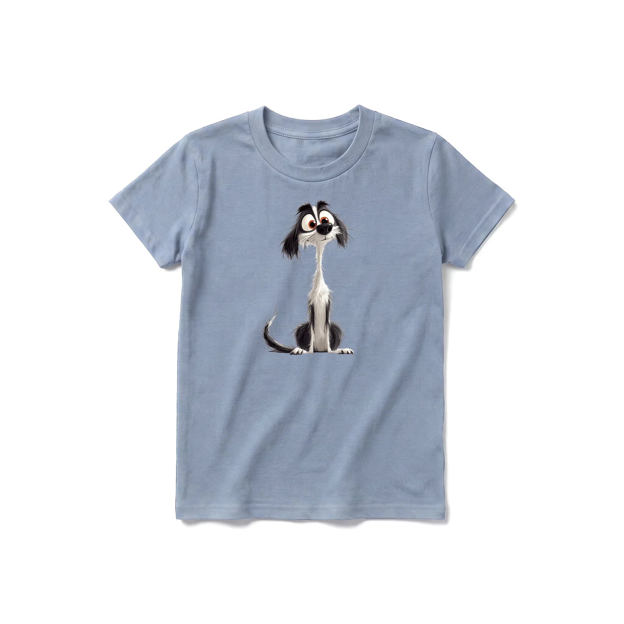 A steel-blue short-sleeve crewneck t-shirt for youth featuring a graphic of a dog on the front.