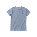 A steel-blue short-sleeve crewneck t-shirt for youth featuring a graphic of a dog on the left chest.