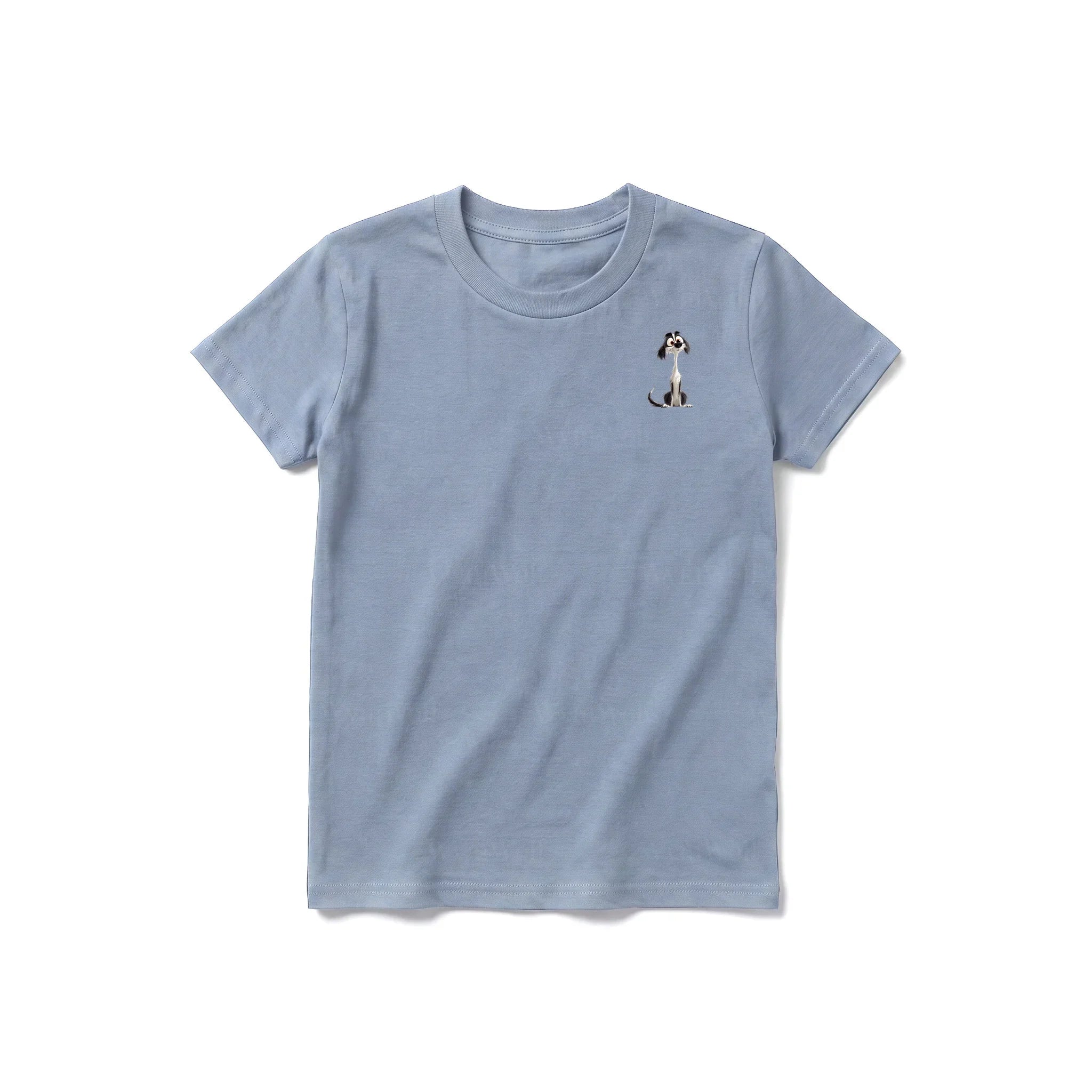 A steel-blue short-sleeve crewneck t-shirt for youth featuring a graphic of a dog on the left chest.