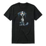 A black short-sleeve crewneck t-shirt for adult featuring a graphic of a dog on the front.