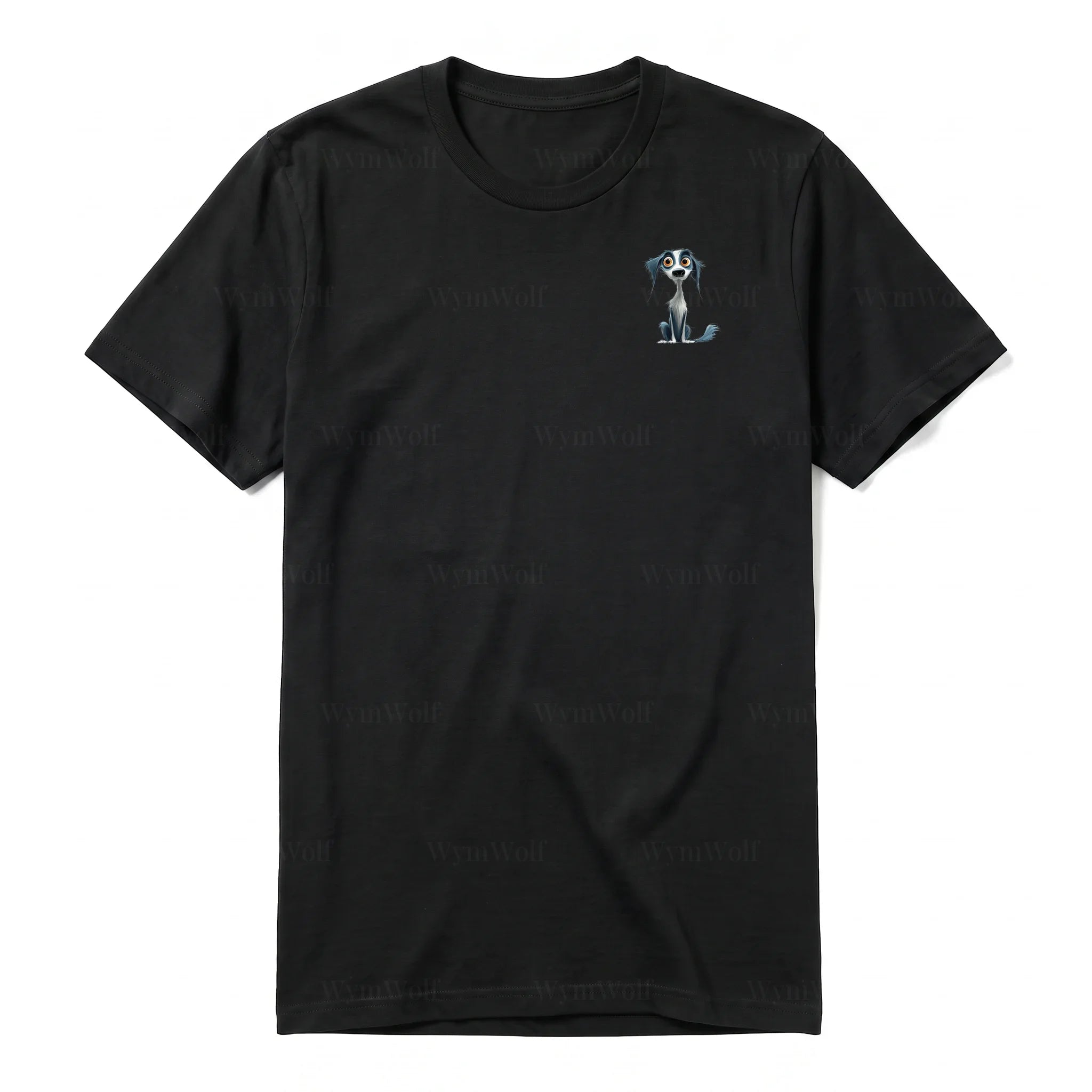 A black short-sleeve crewneck t-shirt for adult featuring a graphic of a dog on the left chest.