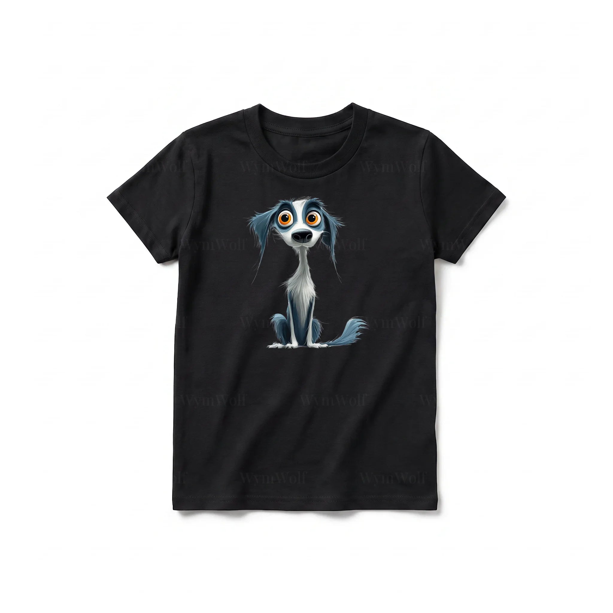 A black short-sleeve crewneck t-shirt for youth featuring a graphic of a dog on the front.
