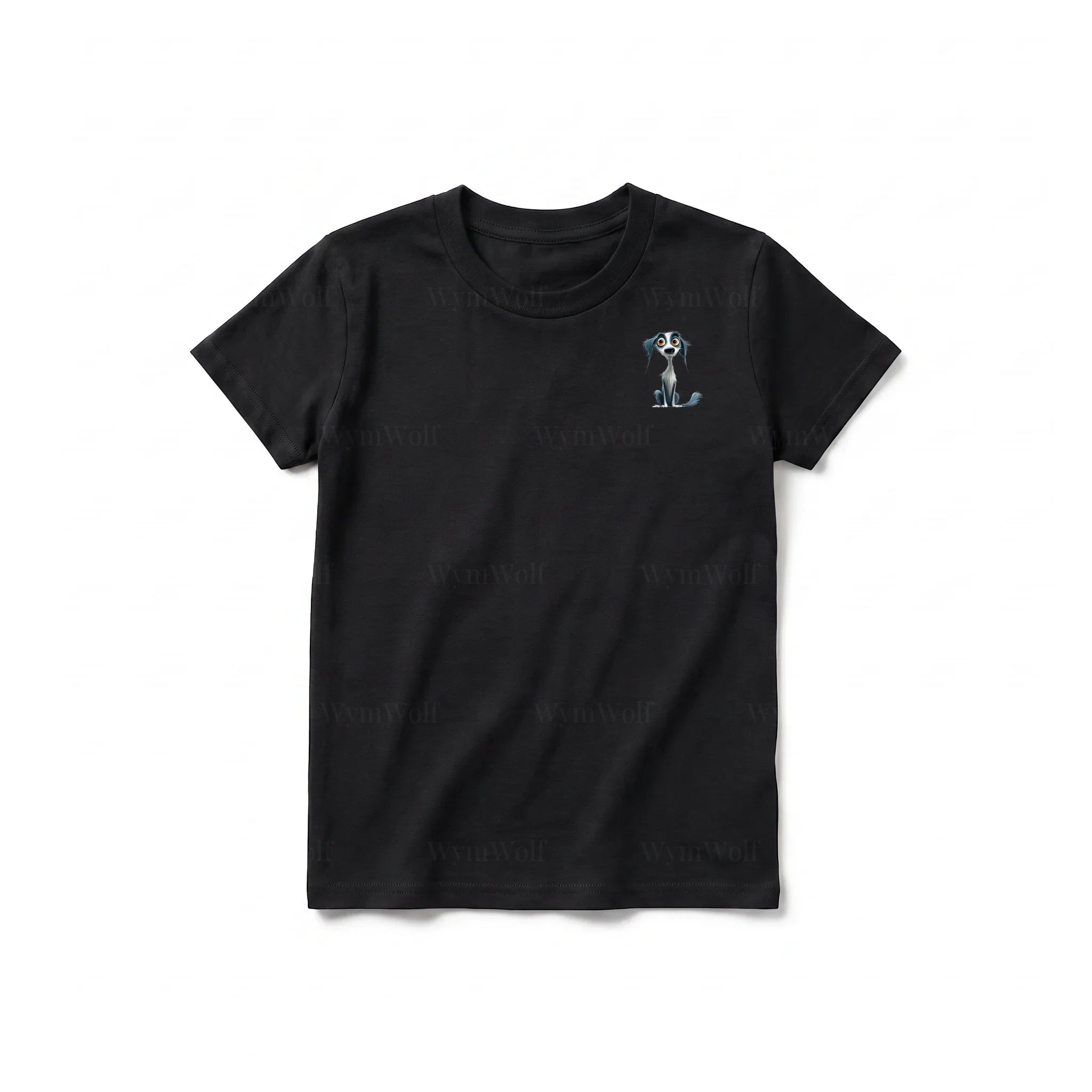 A black short-sleeve crewneck t-shirt for youth featuring a graphic of a dog on the left chest.