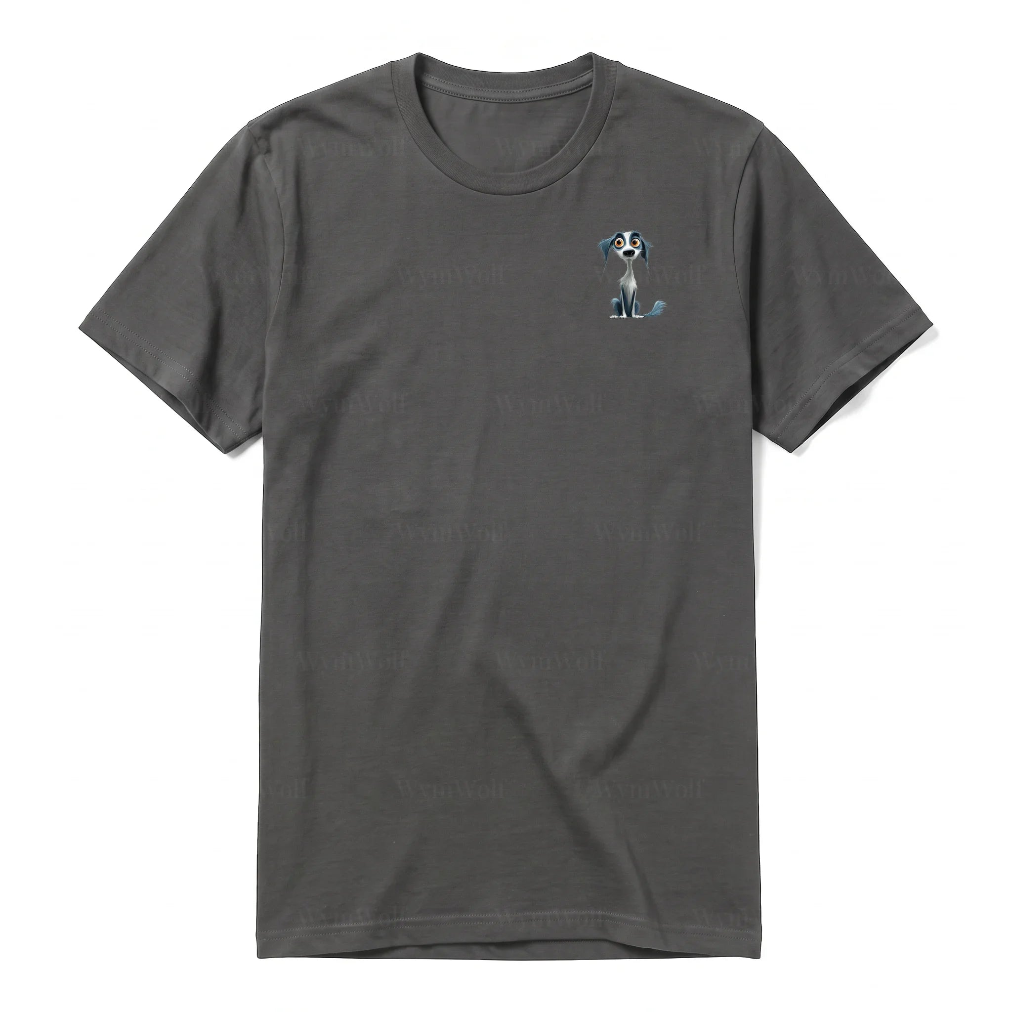 A charcoal short-sleeve crewneck t-shirt for adult featuring a graphic of a dog on the left chest.