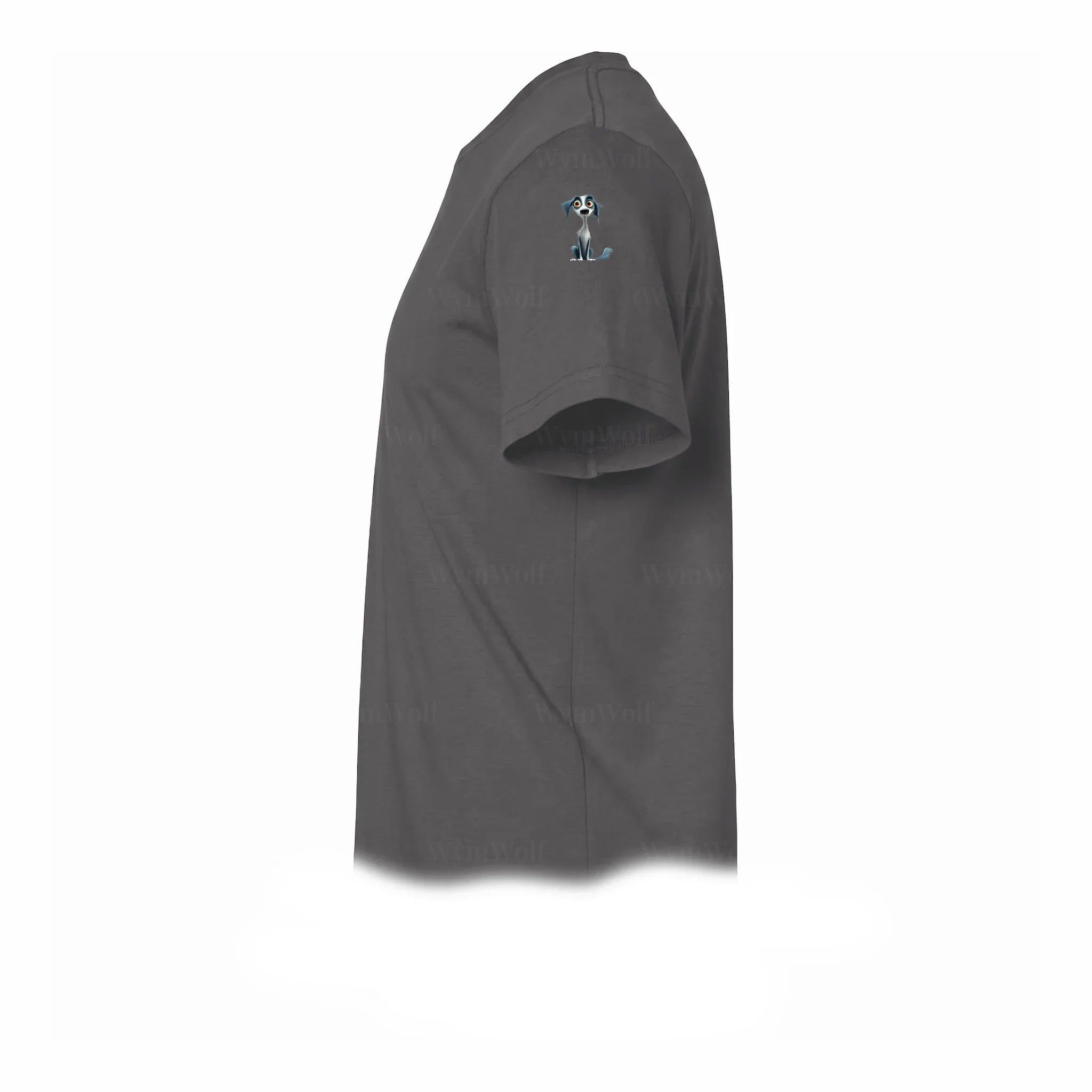 A charcoal short-sleeve crewneck t-shirt  featuring a small graphic of a dog on the upper left sleeve.