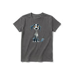 A charcoal short-sleeve crewneck t-shirt for youth featuring a graphic of a dog on the front.
