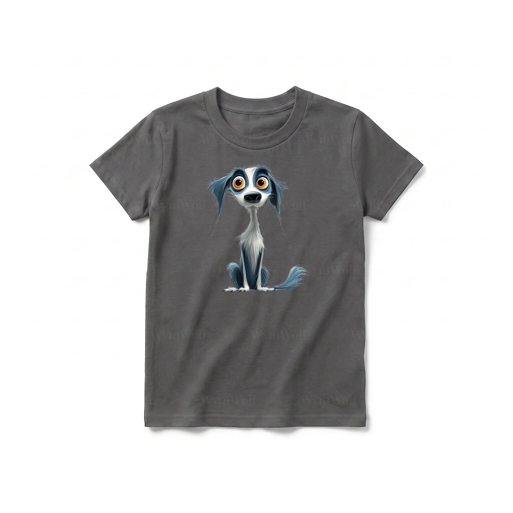 A charcoal short-sleeve crewneck t-shirt for youth featuring a graphic of a dog on the front.