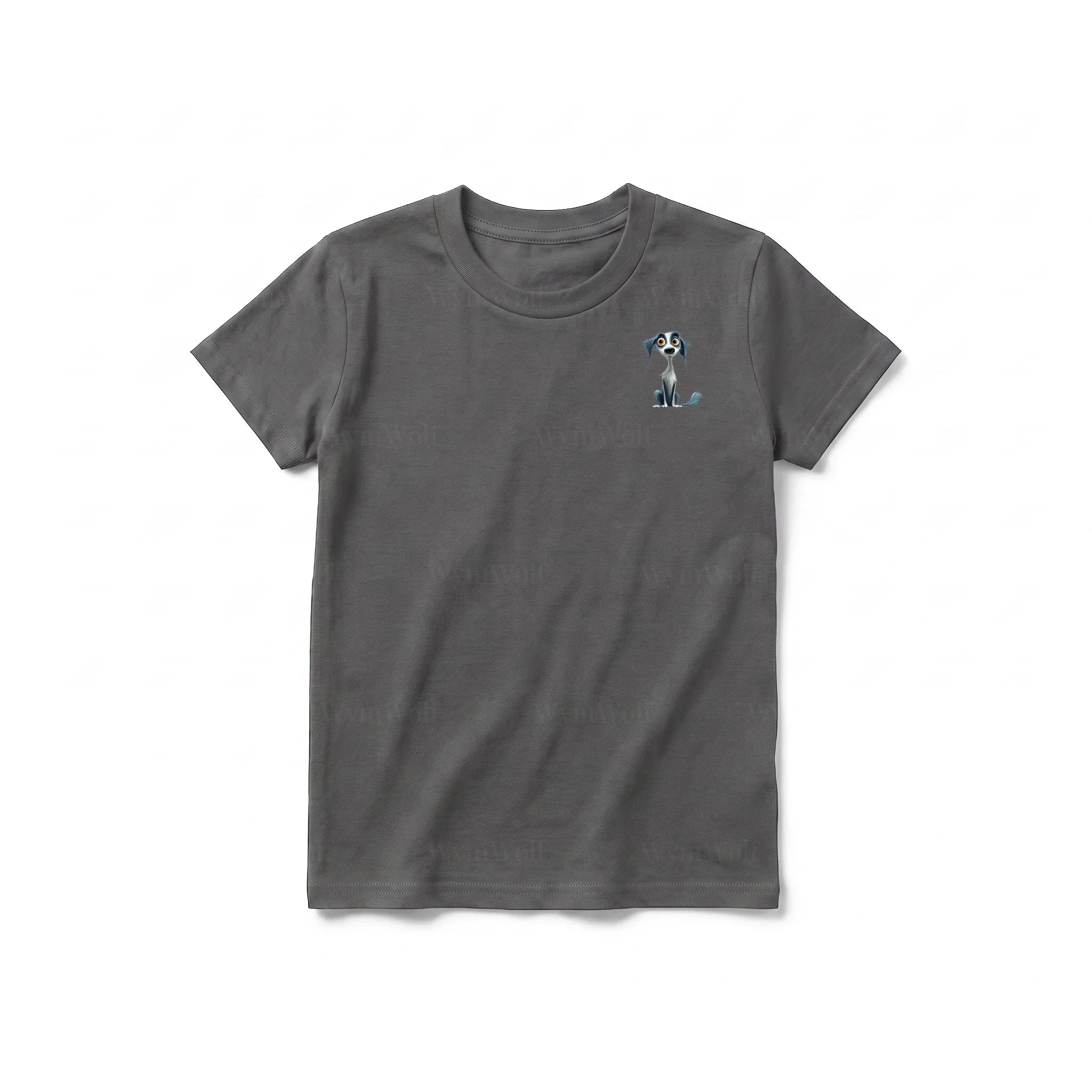 A charcoal short-sleeve crewneck t-shirt for youth featuring a graphic of a dog on the left chest.