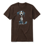 A chocolate short-sleeve crewneck t-shirt for adult featuring a graphic of a dog on the front.