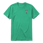 A kelly short-sleeve crewneck t-shirt for adult featuring a graphic of a dog on the left chest.
