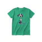 A kelly short-sleeve crewneck t-shirt for youth featuring a graphic of a dog on the front.