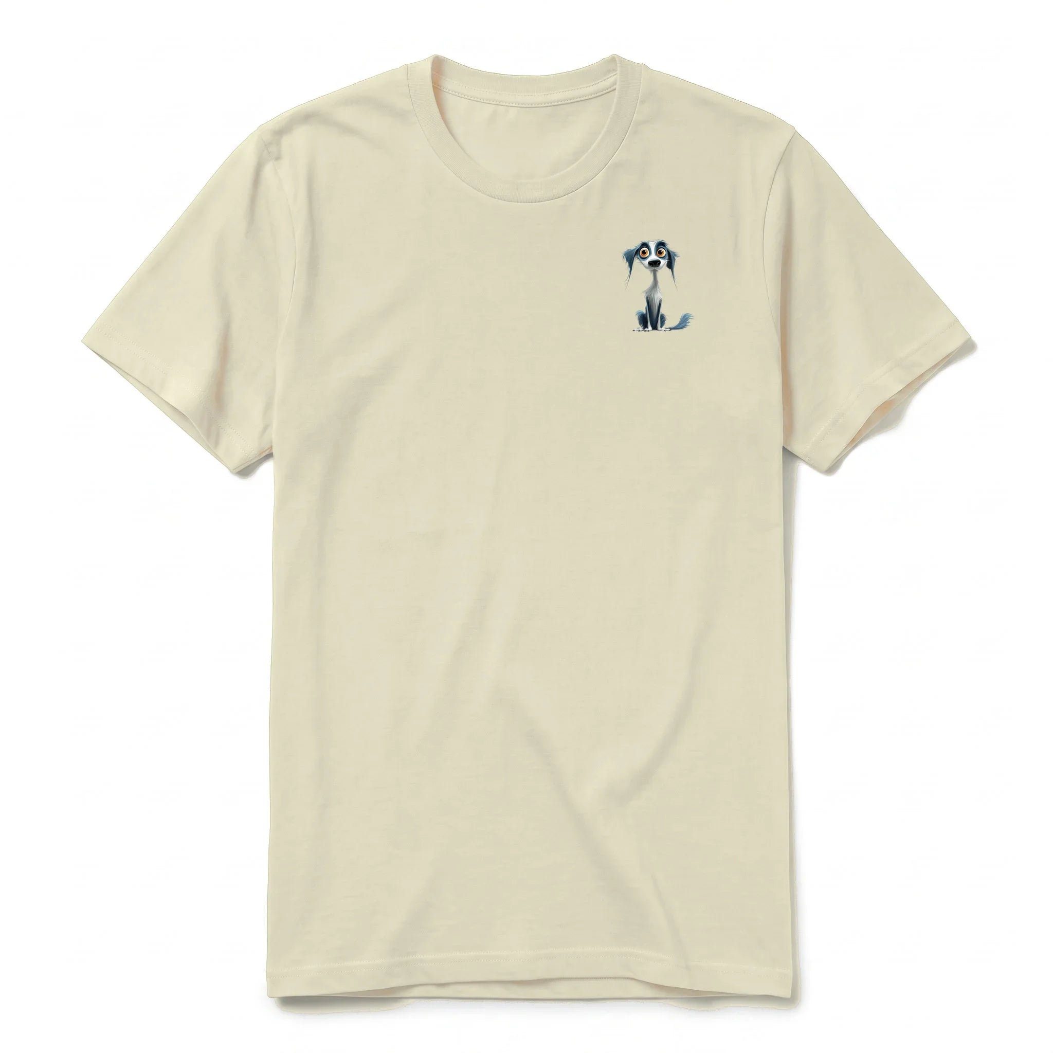 A latte short-sleeve crewneck t-shirt for adult featuring a graphic of a dog on the left chest.