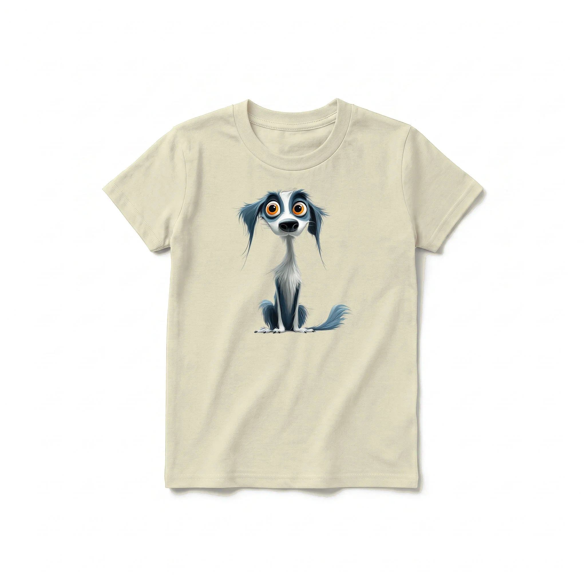 A latte short-sleeve crewneck t-shirt for youth featuring a graphic of a dog on the front.