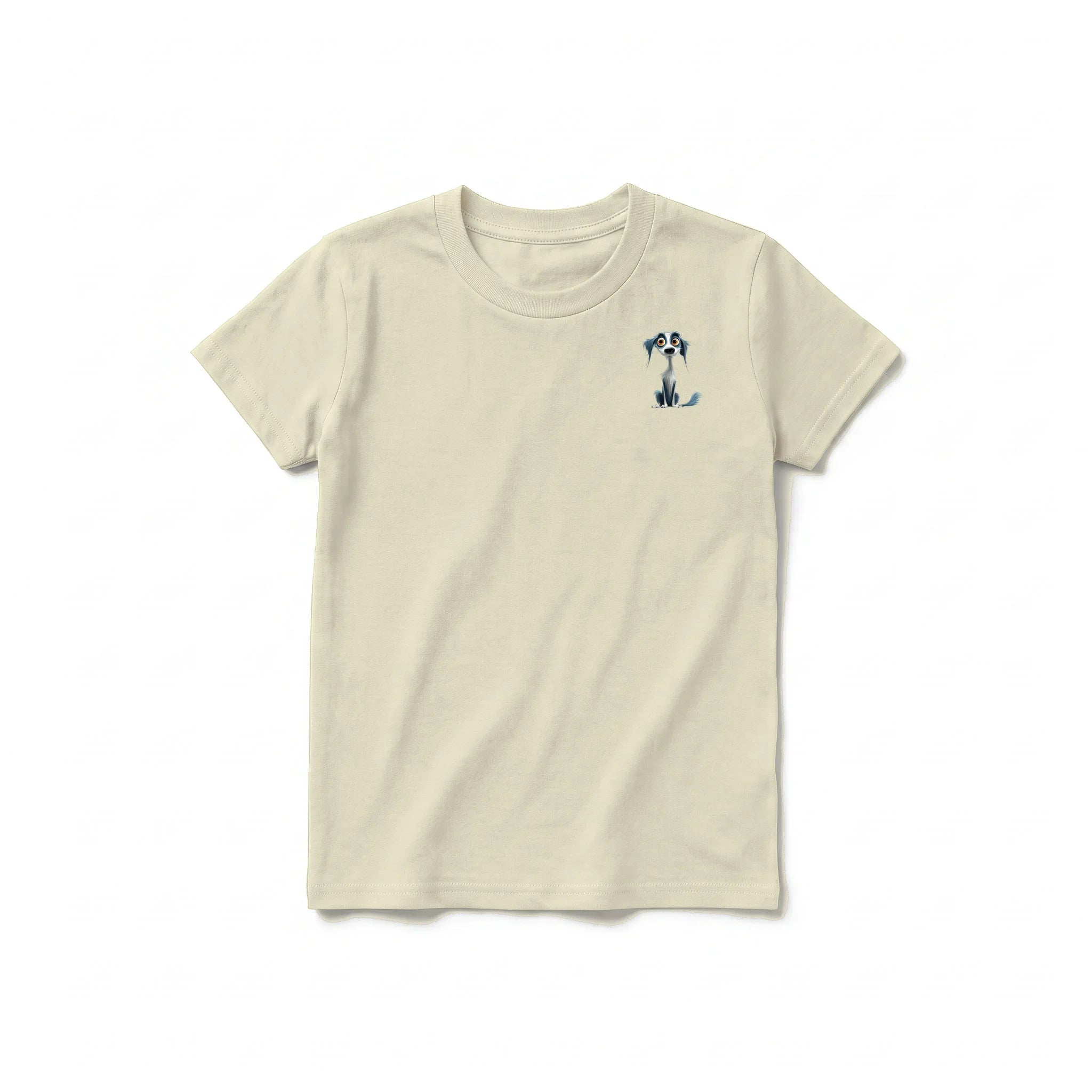 A latte short-sleeve crewneck t-shirt for youth featuring a graphic of a dog on the left chest.