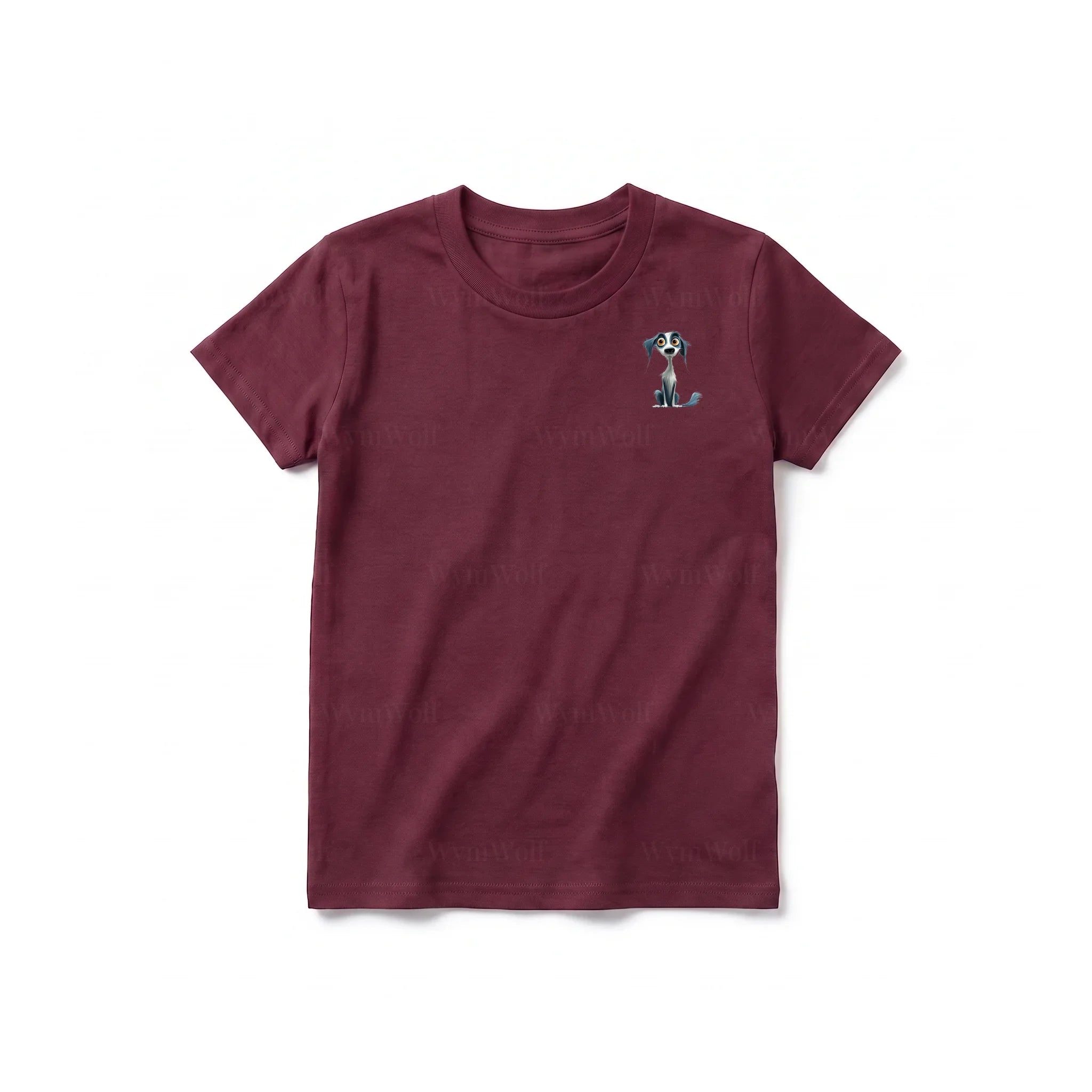 Un T-shirt marron à manches courtes et col rond pour jeune, orné d'un motif représentant un chien sur la poitrine gauche.