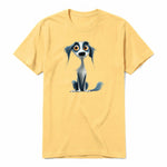 A mustard short-sleeve crewneck t-shirt for adult featuring a graphic of a dog on the front.