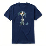 A navy short-sleeve crewneck t-shirt for adult featuring a graphic of a dog on the front.