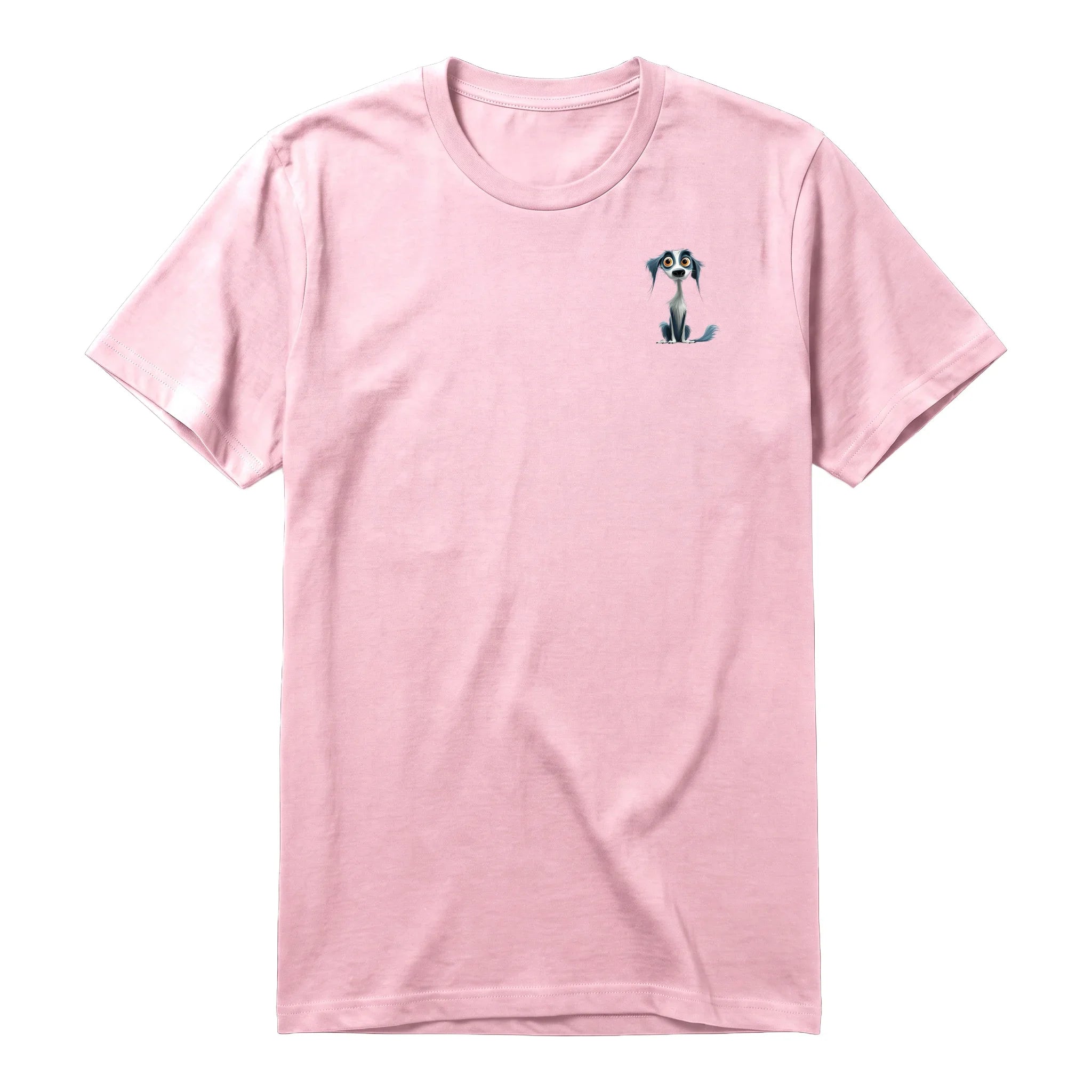 A pink short-sleeve crewneck t-shirt for adult featuring a graphic of a dog on the left chest.