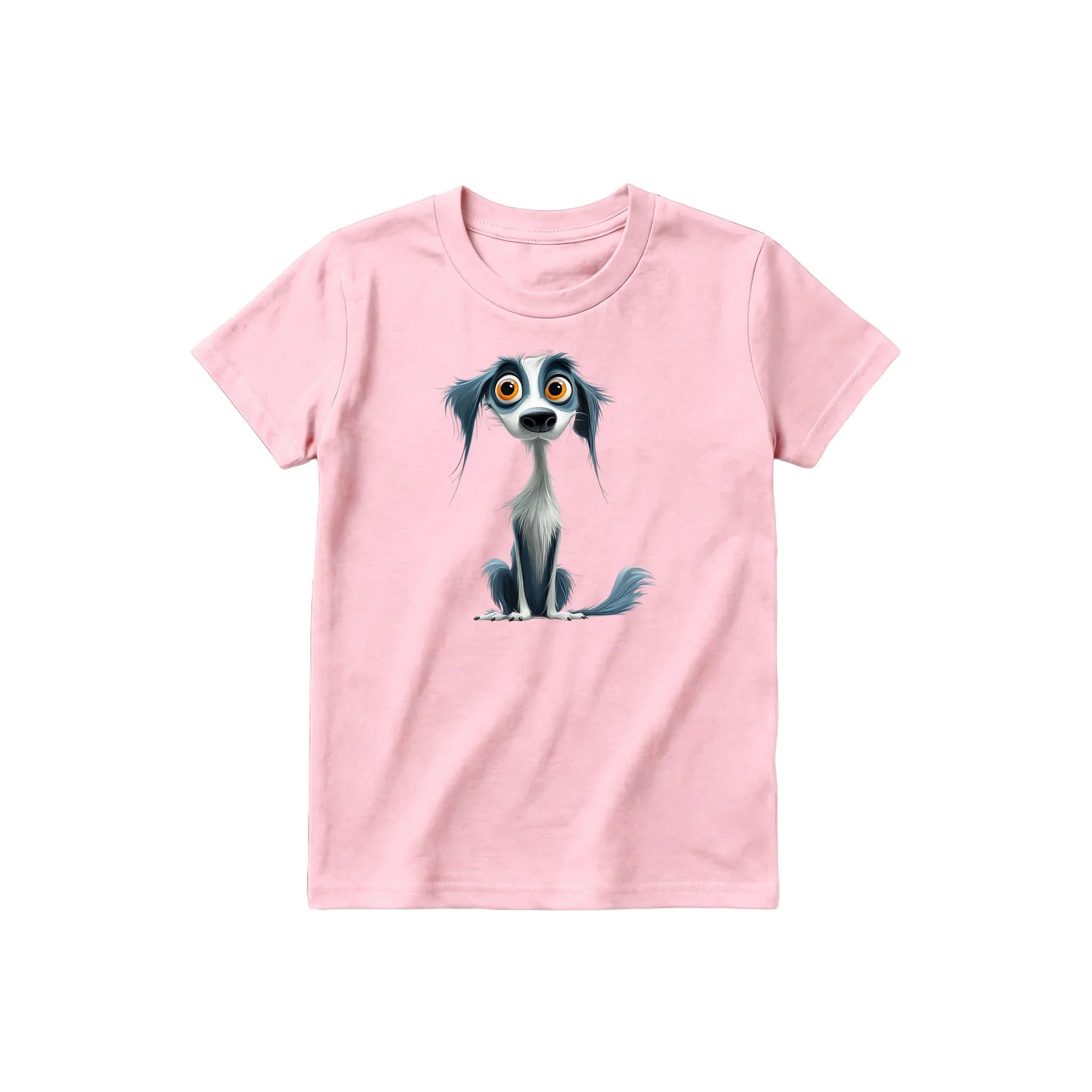 A pink short-sleeve crewneck t-shirt for youth featuring a graphic of a dog on the front.