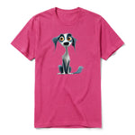 A raspberry short-sleeve crewneck t-shirt for adult featuring a graphic of a dog on the front.