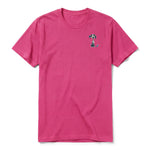 A raspberry short-sleeve crewneck t-shirt for adult featuring a graphic of a dog on the left chest.