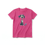 A raspberry short-sleeve crewneck t-shirt for youth featuring a graphic of a dog on the front.