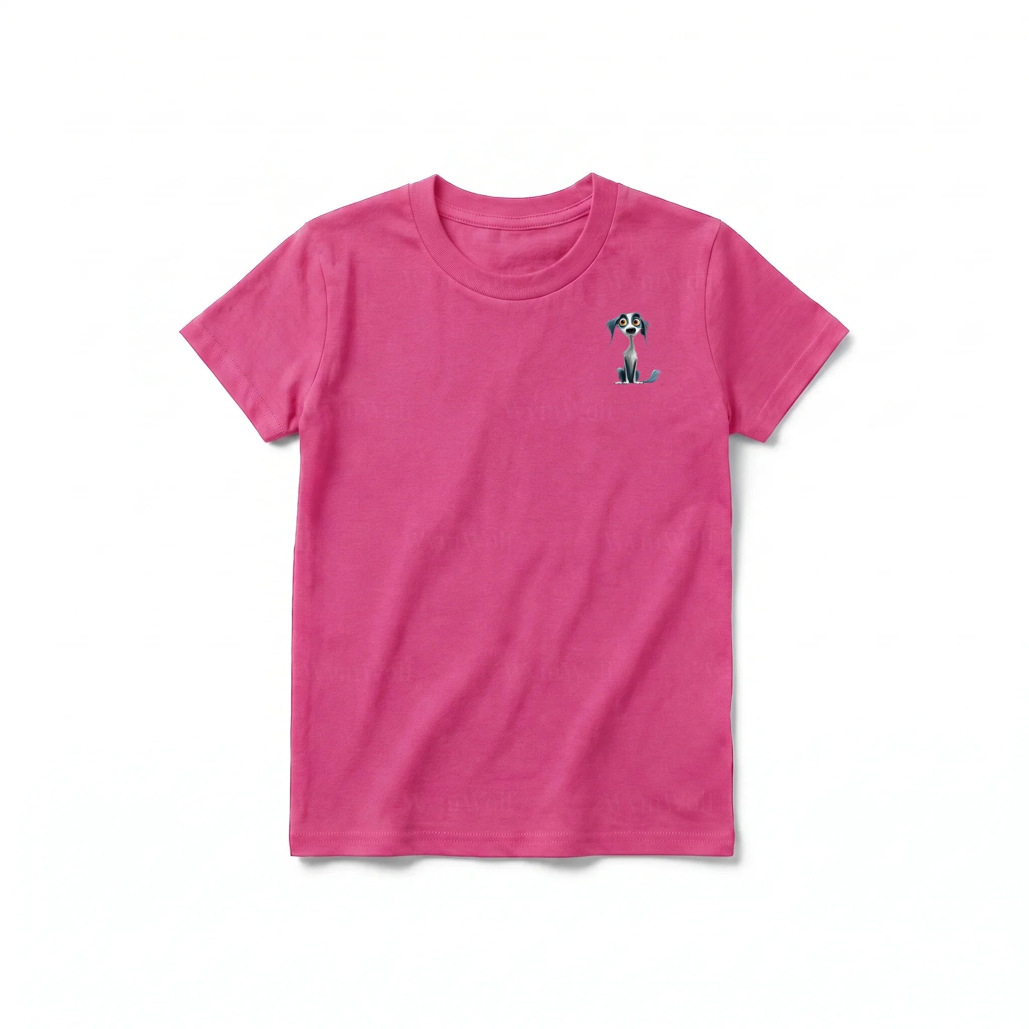 A raspberry short-sleeve crewneck t-shirt for youth featuring a graphic of a dog on the left chest.