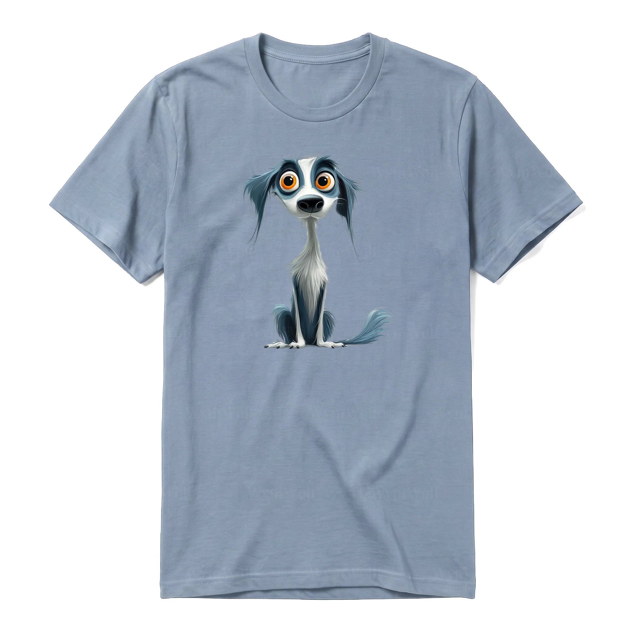 A steel-blue short-sleeve crewneck t-shirt for adult featuring a graphic of a dog on the front.