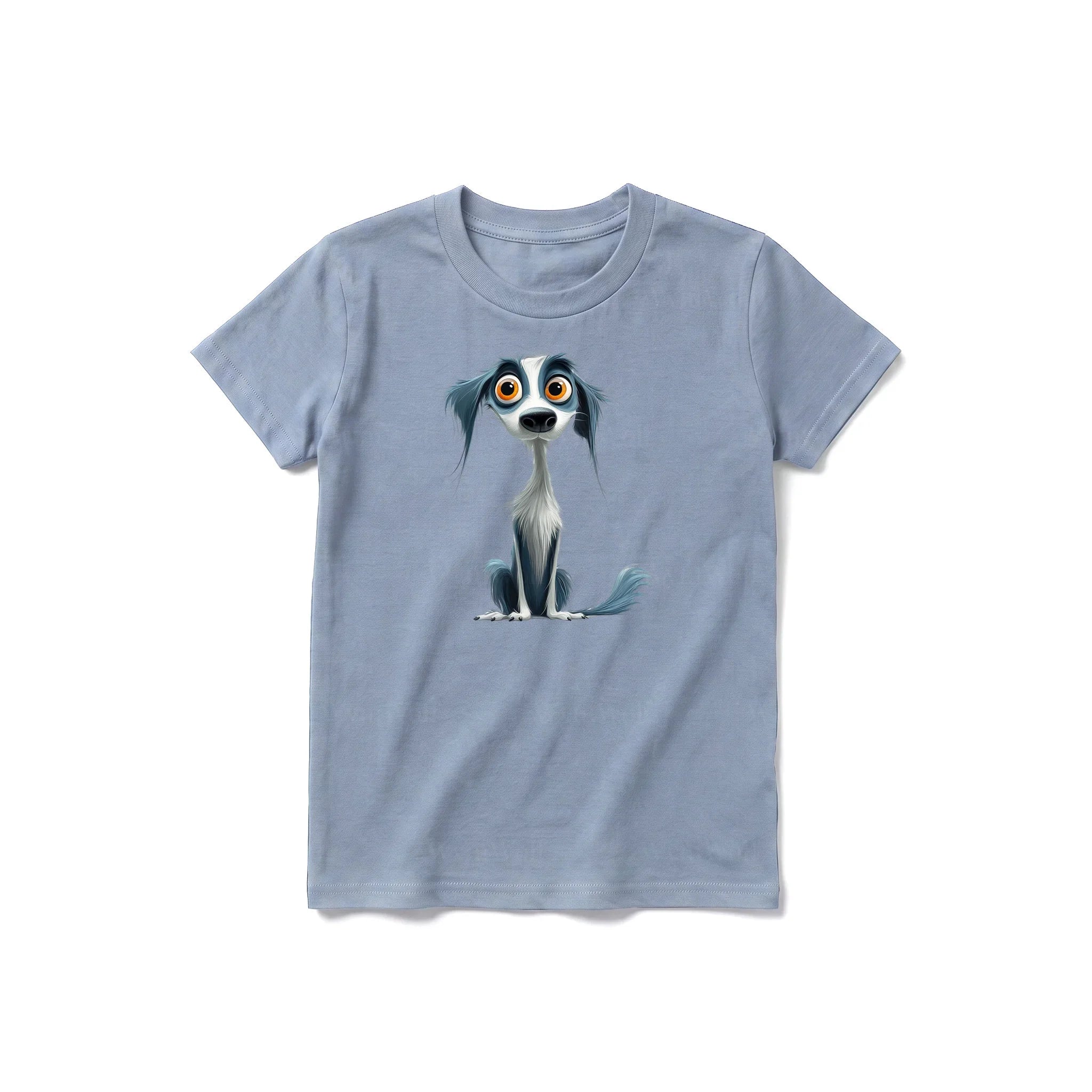 A steel-blue short-sleeve crewneck t-shirt for youth featuring a graphic of a dog on the front.