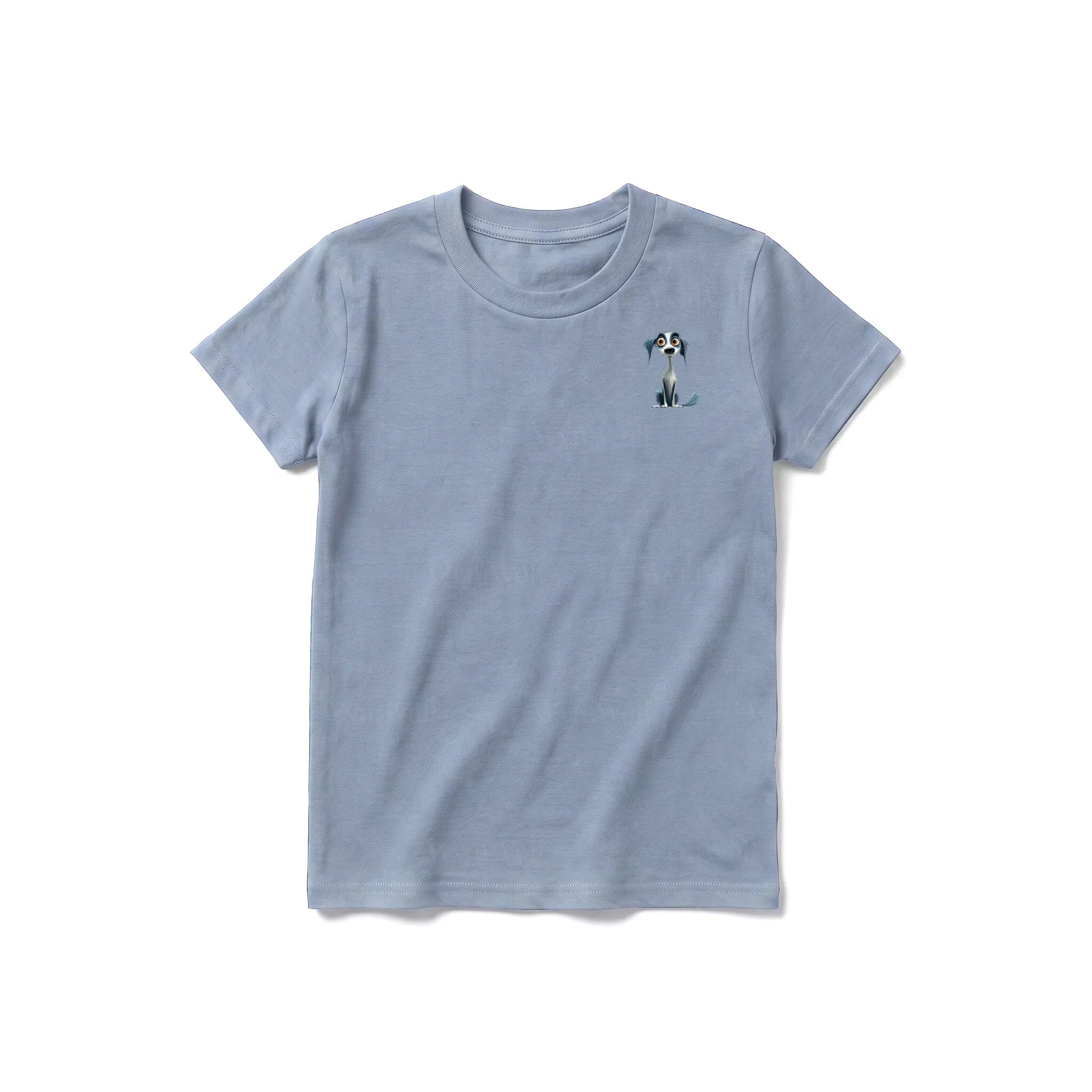 A steel-blue short-sleeve crewneck t-shirt for youth featuring a graphic of a dog on the left chest.