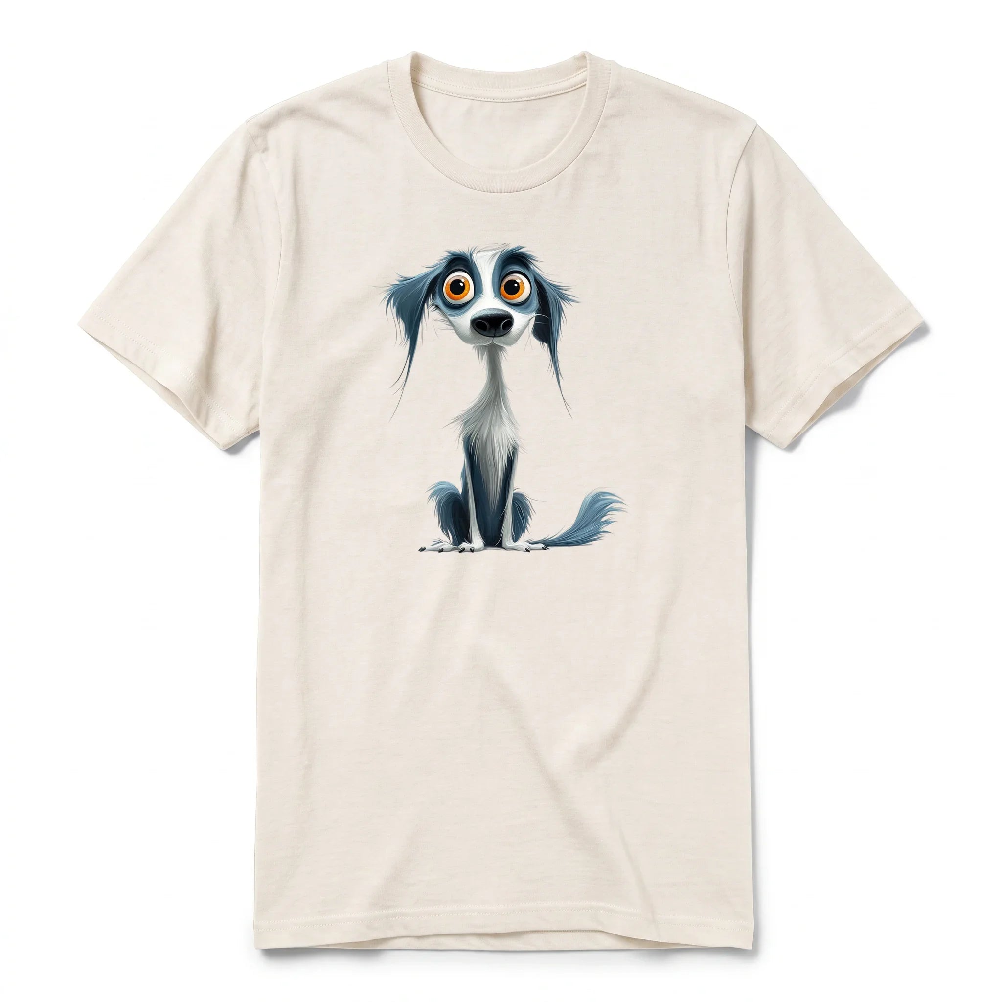 A vintage-white short-sleeve crewneck t-shirt for adult featuring a graphic of a dog on the front.