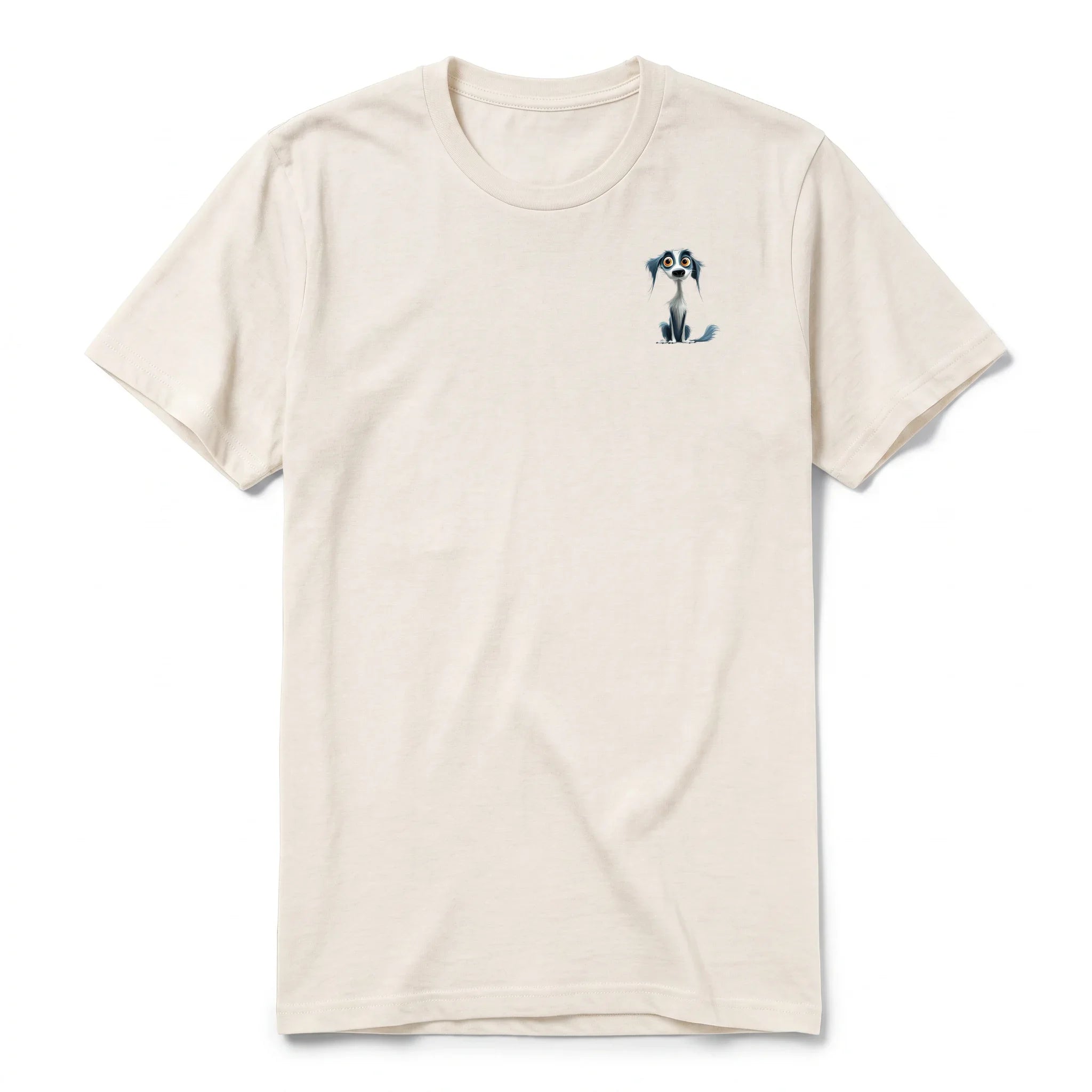 A vintage-white short-sleeve crewneck t-shirt for adult featuring a graphic of a dog on the left chest.