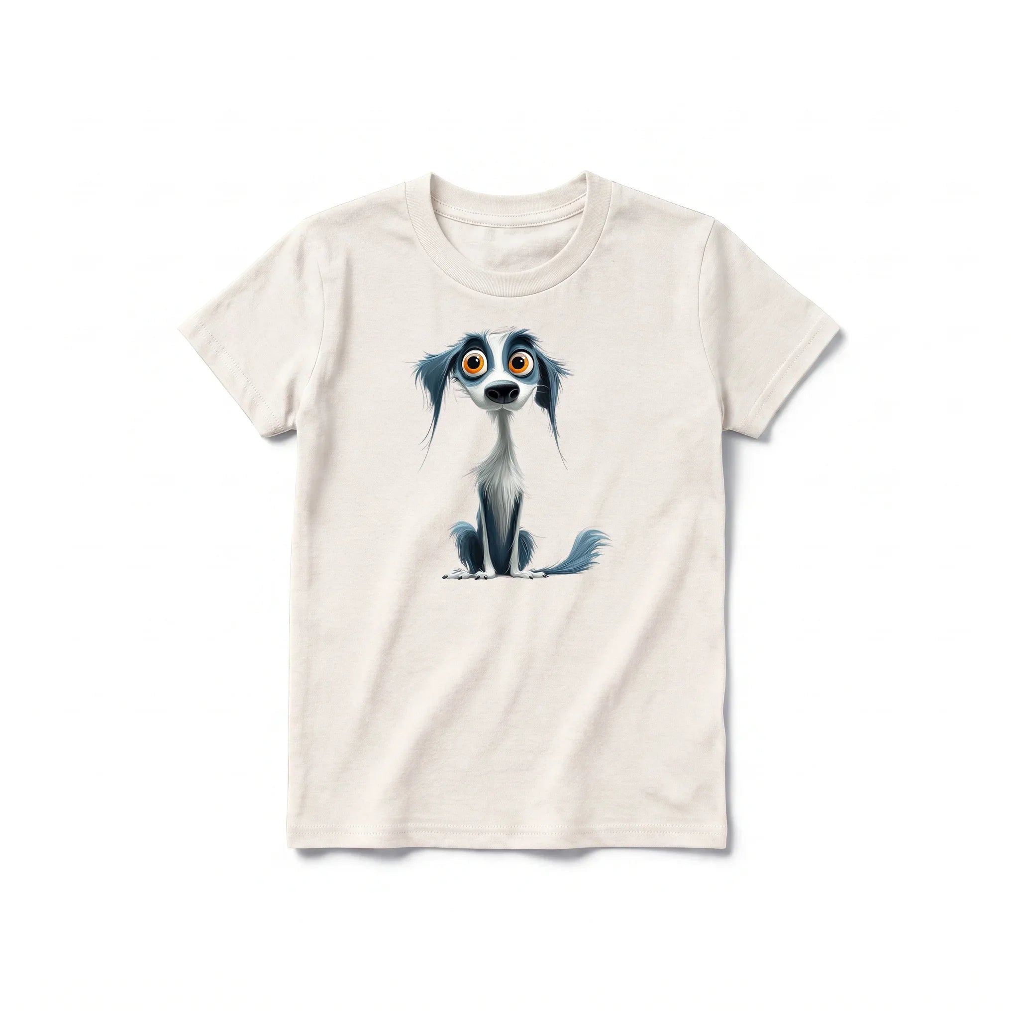 A vintage-white short-sleeve crewneck t-shirt for youth featuring a graphic of a dog on the front.