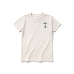 A vintage-white short-sleeve crewneck t-shirt for youth featuring a graphic of a dog on the left chest.