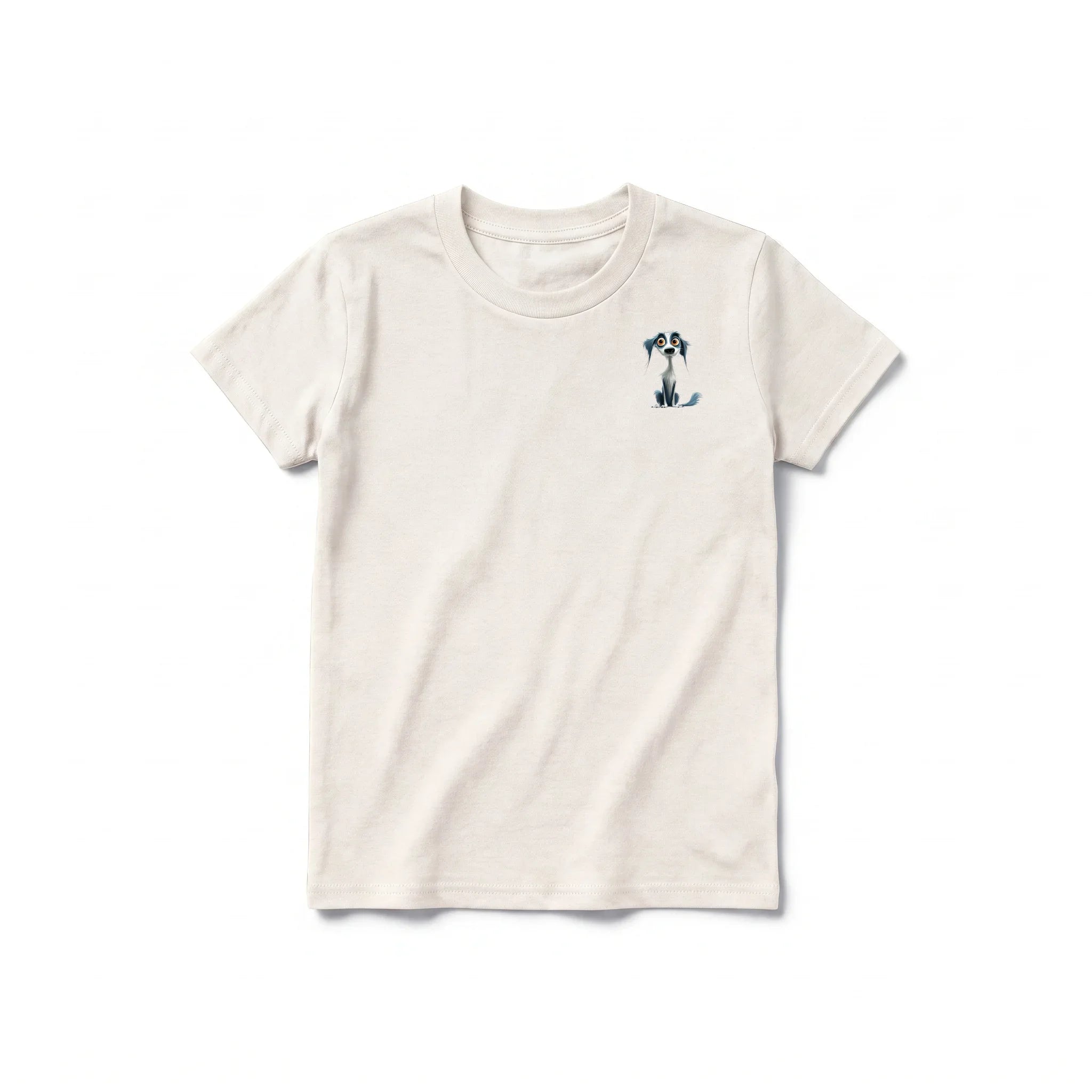 A vintage-white short-sleeve crewneck t-shirt for youth featuring a graphic of a dog on the left chest.