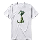 Un T-shirt gris cendré à manches courtes et col rond, orné d'un motif représentant un chien sur le devant.