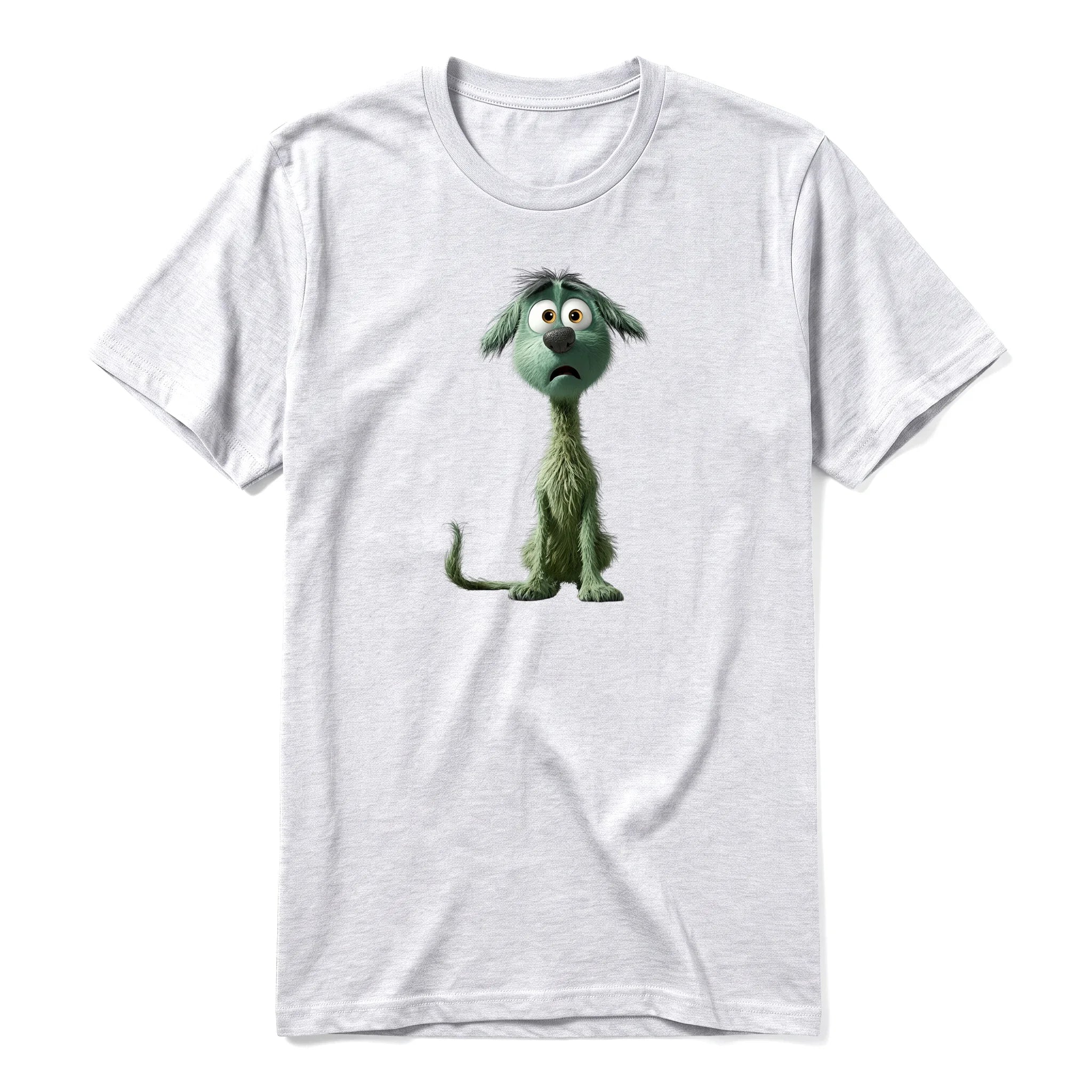 Un T-shirt gris cendré à manches courtes et col rond, orné d'un motif représentant un chien sur le devant.