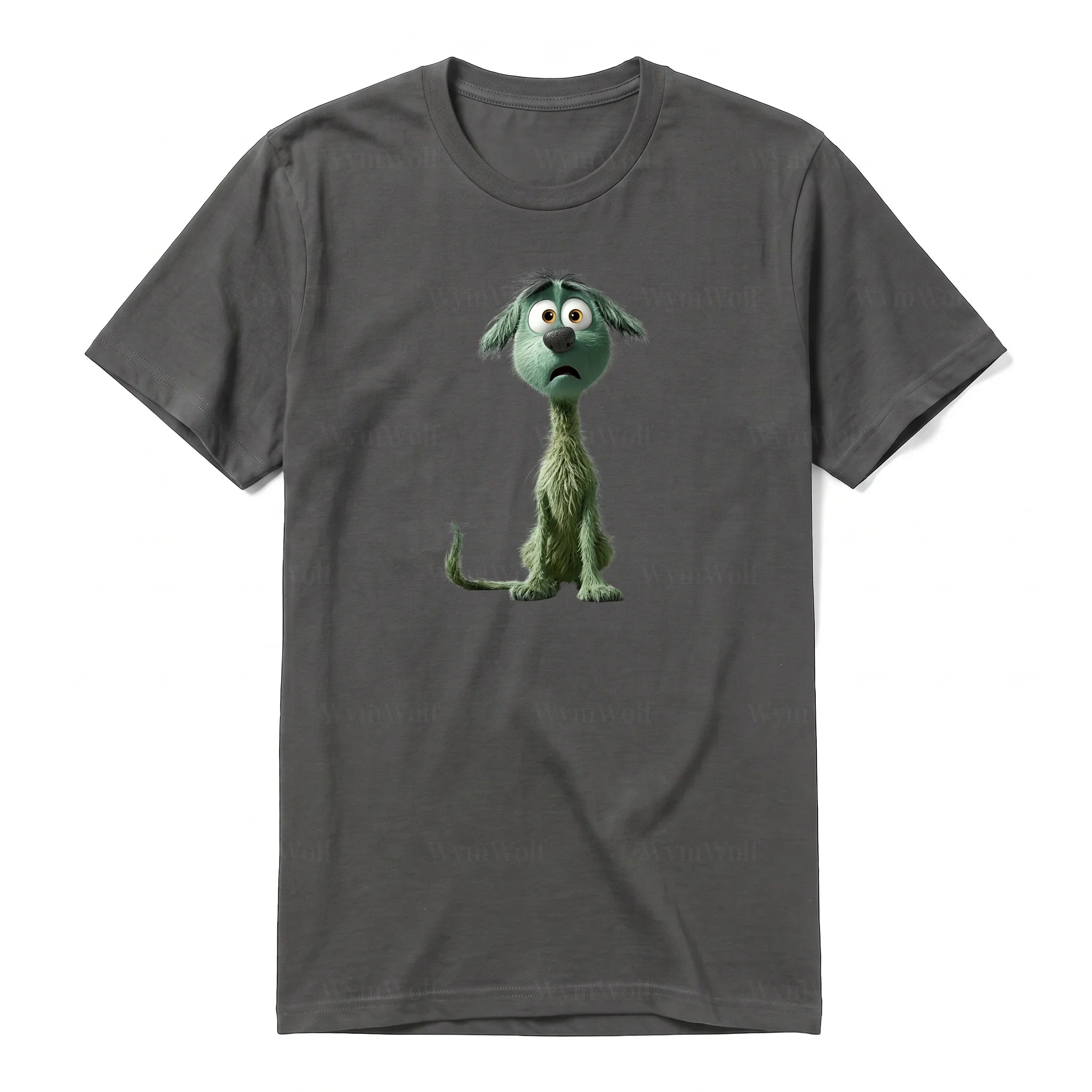 A charcoal short-sleeve crewneck t-shirt for adult featuring a graphic of a dog on the front.