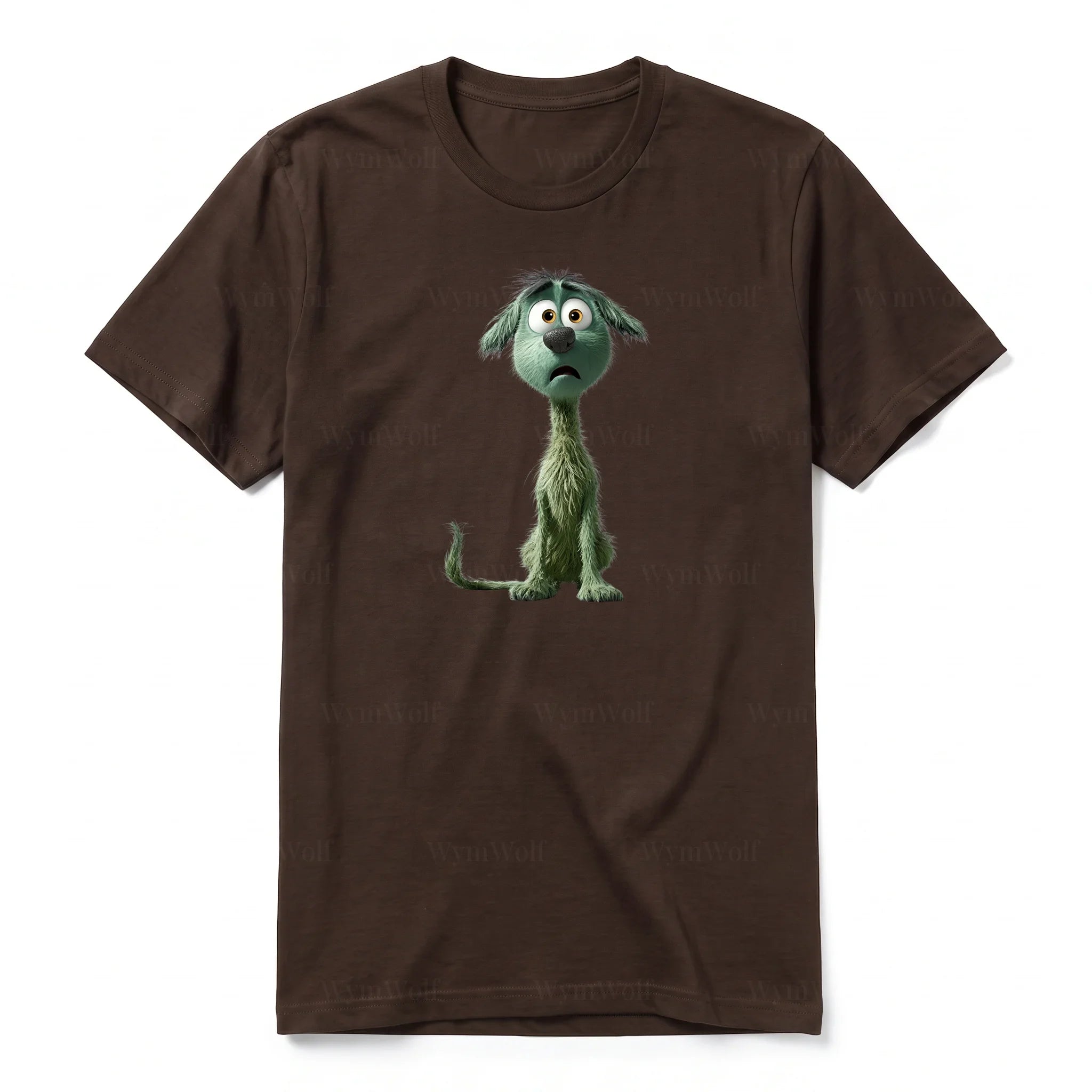 Un T-shirt chocolat à manches courtes et col rond, orné d'un motif représentant un chien sur le devant.