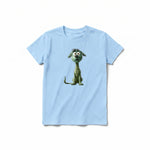 Un T-shirt poudre à manches courtes et col rond pour jeune, orné d'un motif représentant un chien sur le devant.