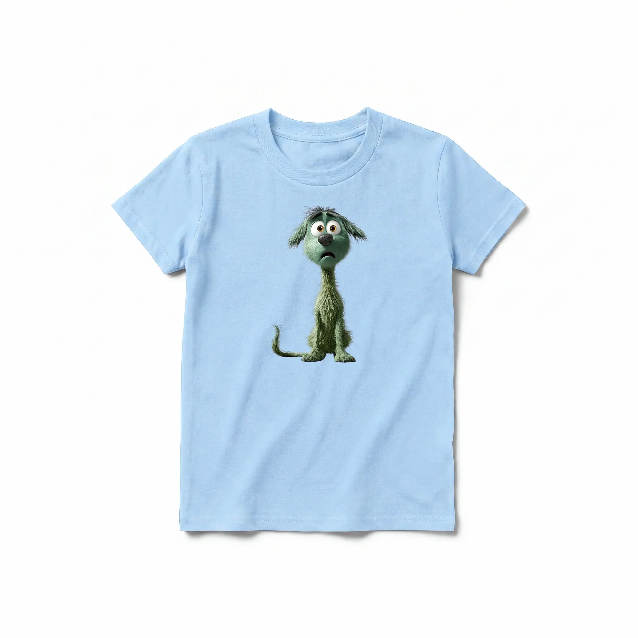 Un T-shirt poudre à manches courtes et col rond pour jeune, orné d'un motif représentant un chien sur le devant.