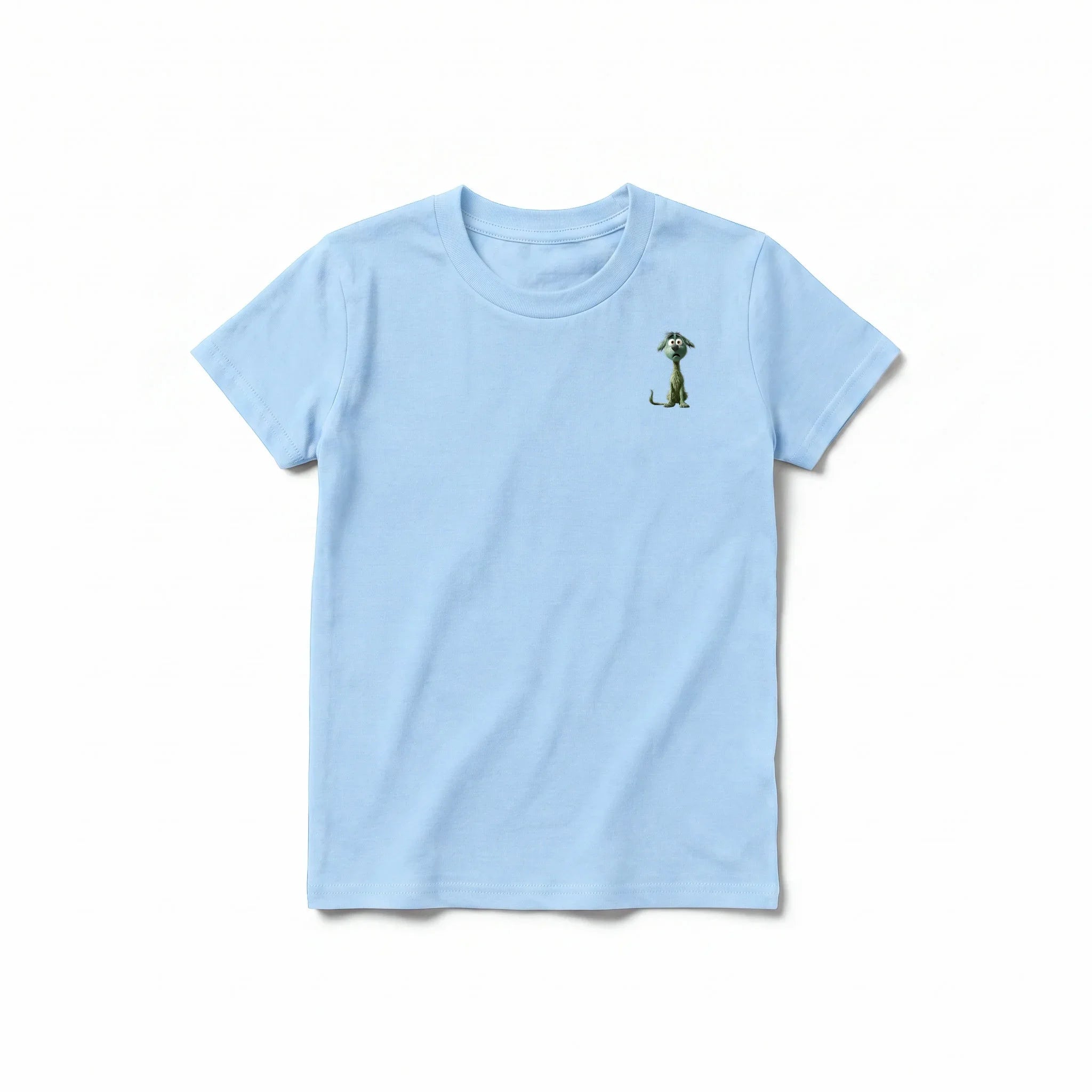 Un T-shirt poudre à manches courtes et col rond pour jeune, orné d'un motif représentant un chien sur la poitrine gauche.