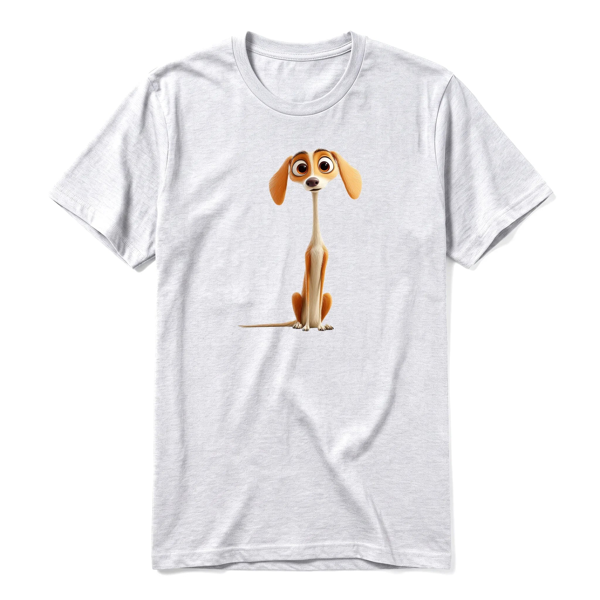 A ash grey short-sleeve crewneck t-shirt for adult featuring a graphic of a dog on the front.