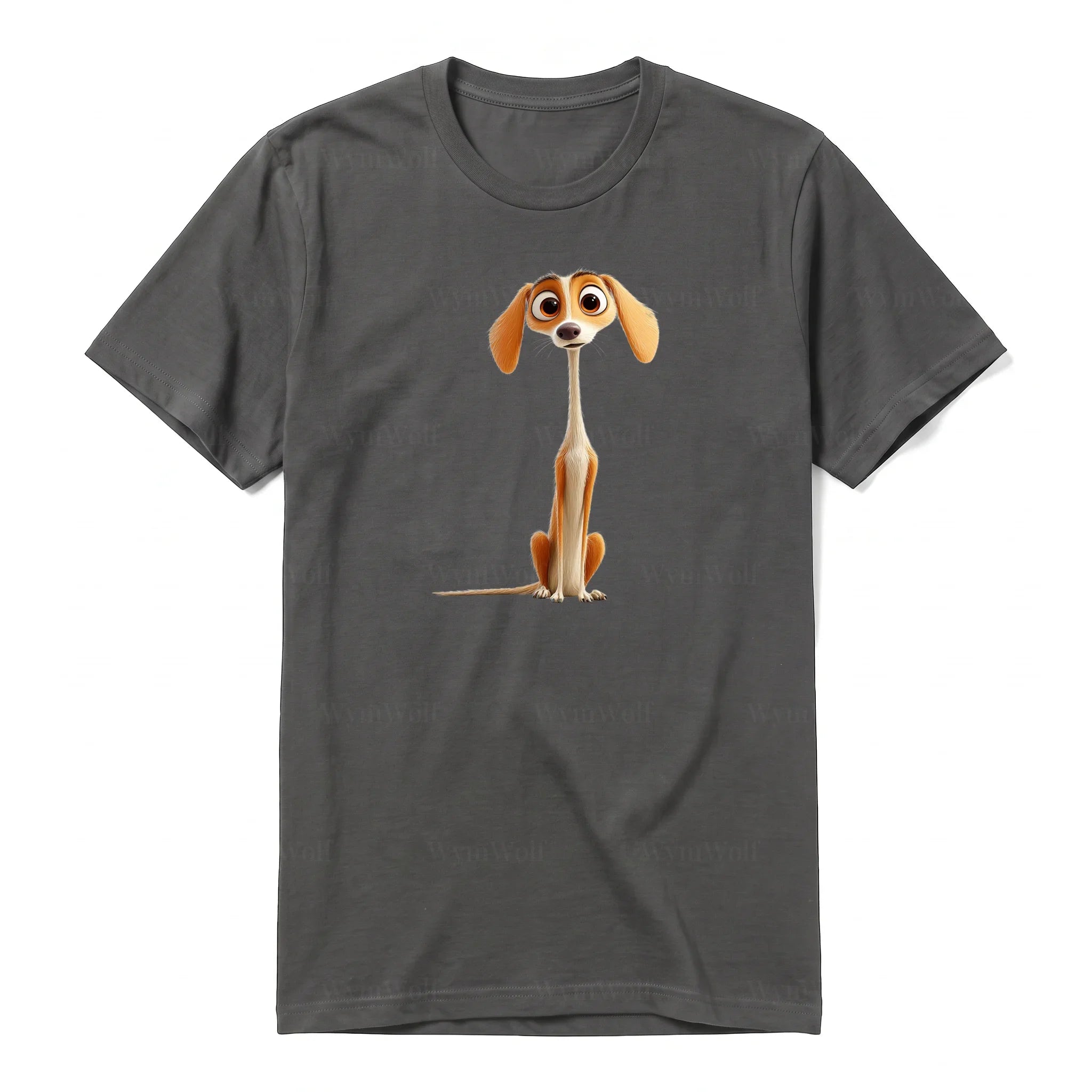 A charcoal short-sleeve crewneck t-shirt for adult featuring a graphic of a dog on the front.