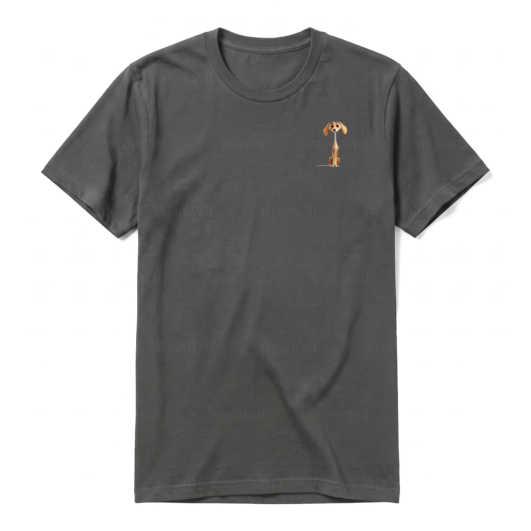 A charcoal short-sleeve crewneck t-shirt for adult featuring a graphic of a dog on the left chest.