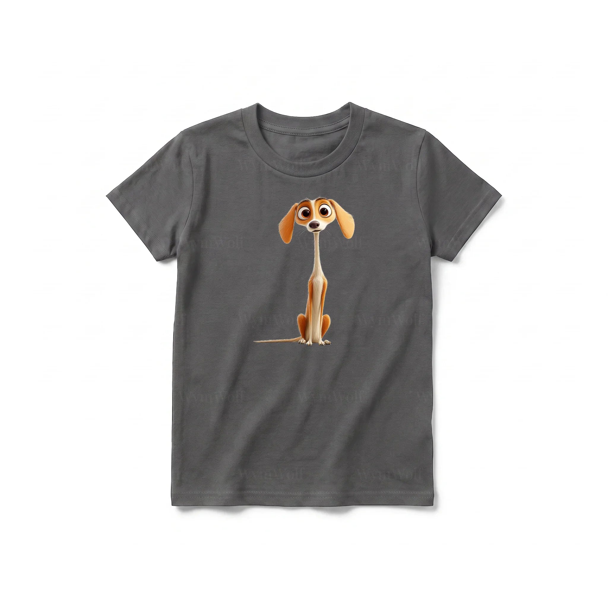A charcoal short-sleeve crewneck t-shirt for youth featuring a graphic of a dog on the front.